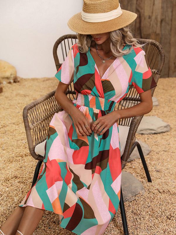 Midi Jurk met V-hals en Geometrisch Design - Midi Dresses - Jurkjes.co