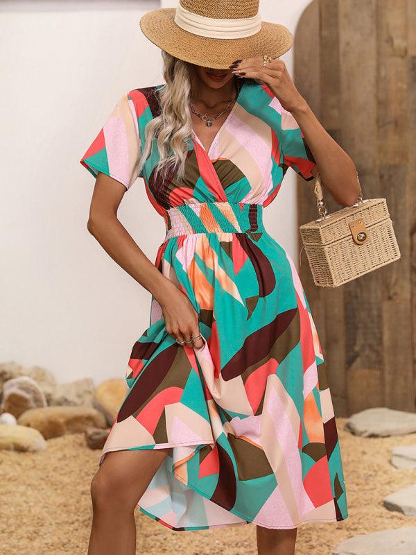 Midi Jurk met V-hals en Geometrisch Design - Midi Dresses - Jurkjes.co