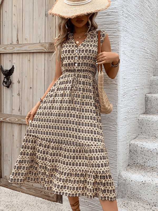 Midi Jurk met V-hals en Geometrisch Patroon - Group9 - Jurkjes.co