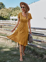 Midi Jurk met V-hals en Gerimpelde Rand - Maxi Dresses - Jurkjes.co