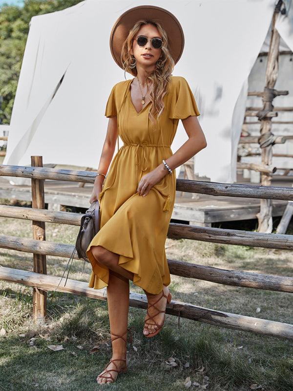 Midi Jurk met V-hals en Gerimpelde Rand - Maxi Dresses - Jurkjes.co