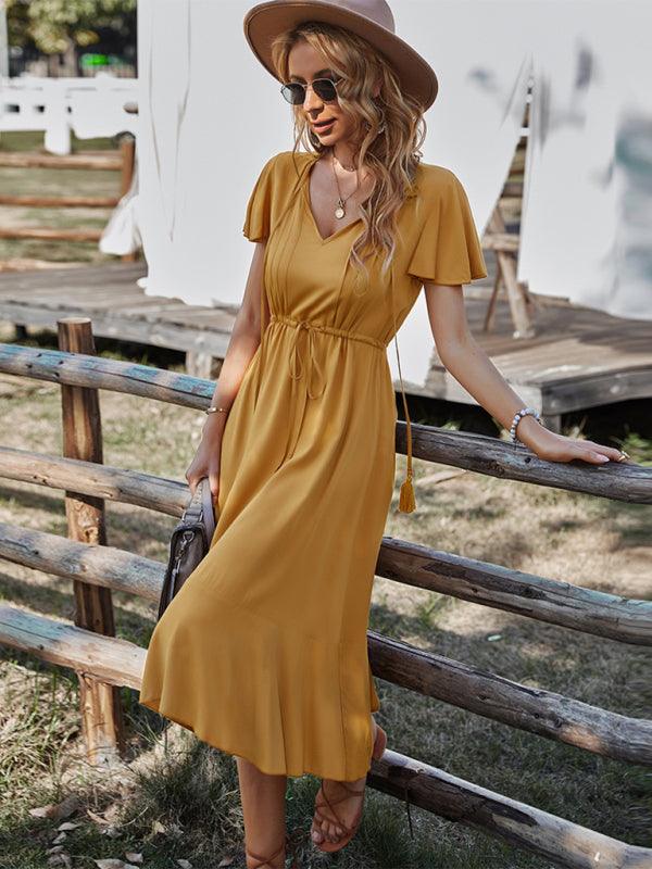 Midi Jurk met V-hals en Gerimpelde Rand - Maxi Dresses - Jurkjes.co