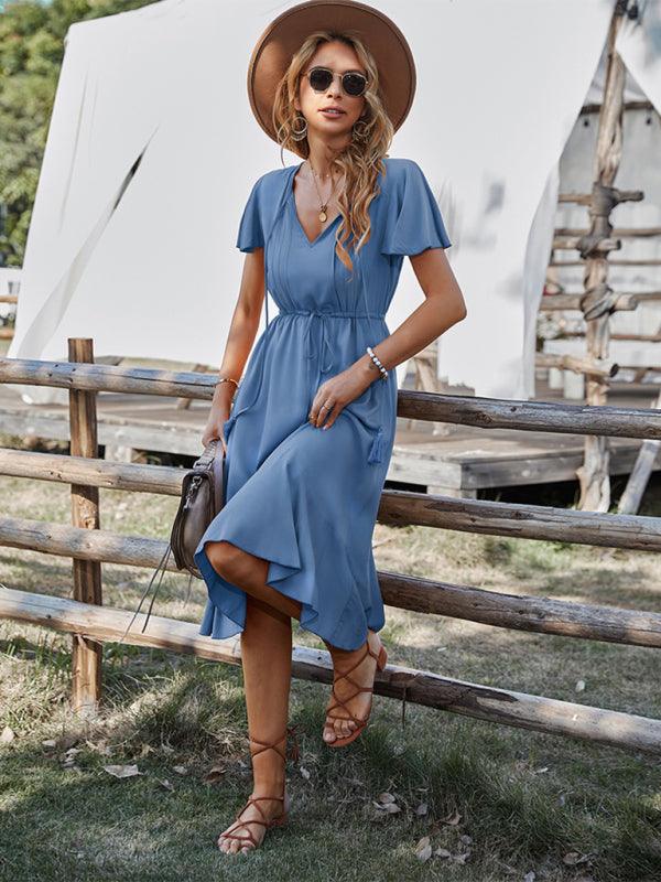 Midi Jurk met V-hals en Gerimpelde Rand - Maxi Dresses - Jurkjes.co