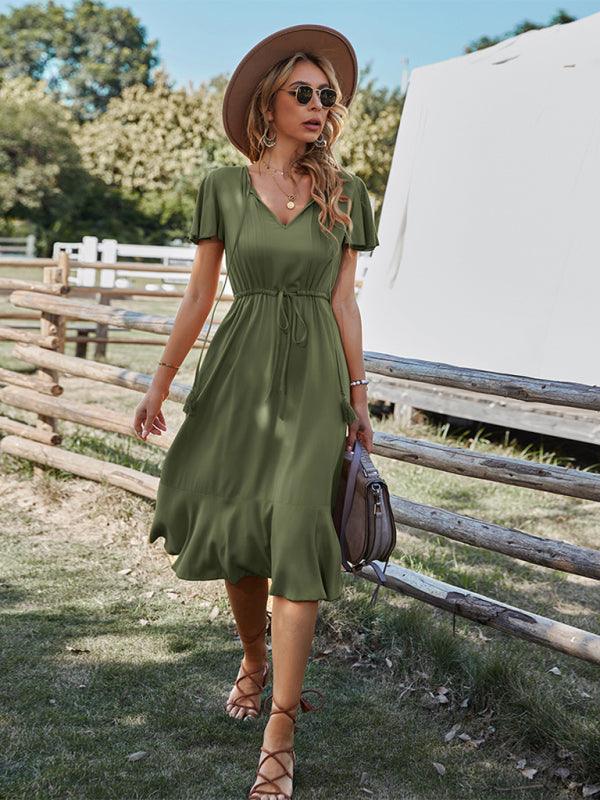 Midi Jurk met V-hals en Gerimpelde Rand - Maxi Dresses - Jurkjes.co