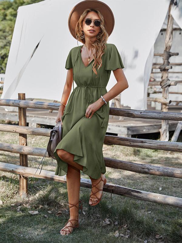 Midi Jurk met V-hals en Gerimpelde Rand - Maxi Dresses - Jurkjes.co