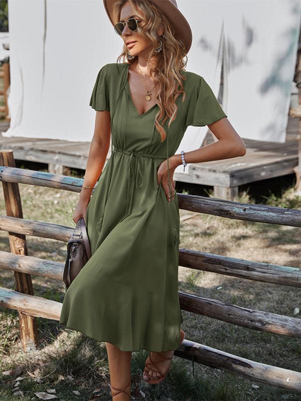 Midi Jurk met V-hals en Gerimpelde Rand - Maxi Dresses - Jurkjes.co