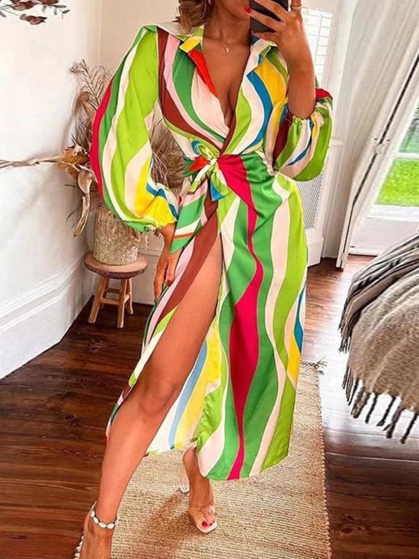 Midi Jurk met V-hals en Gestreept Patroon - Maxi Dresses - Jurkjes.co