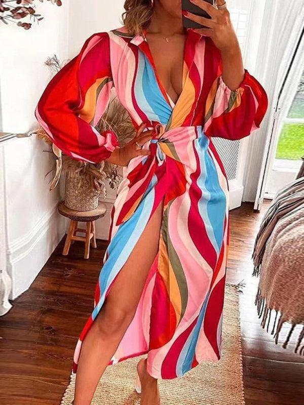 Midi Jurk met V-hals en Gestreept Patroon - Maxi Dresses - Jurkjes.co