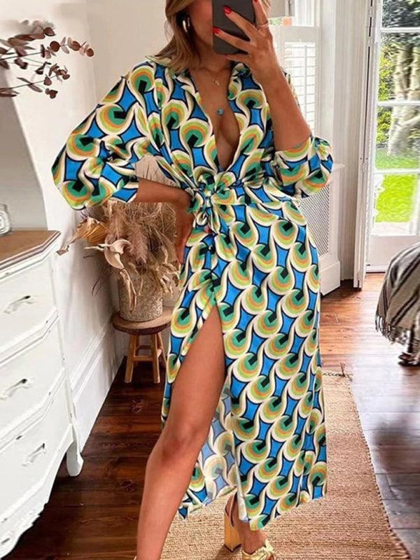 Midi Jurk met V-hals en Gestreept Patroon - Maxi Dresses - Jurkjes.co