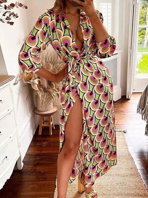 Midi Jurk met V-hals en Gestreept Patroon - Maxi Dresses - Jurkjes.co
