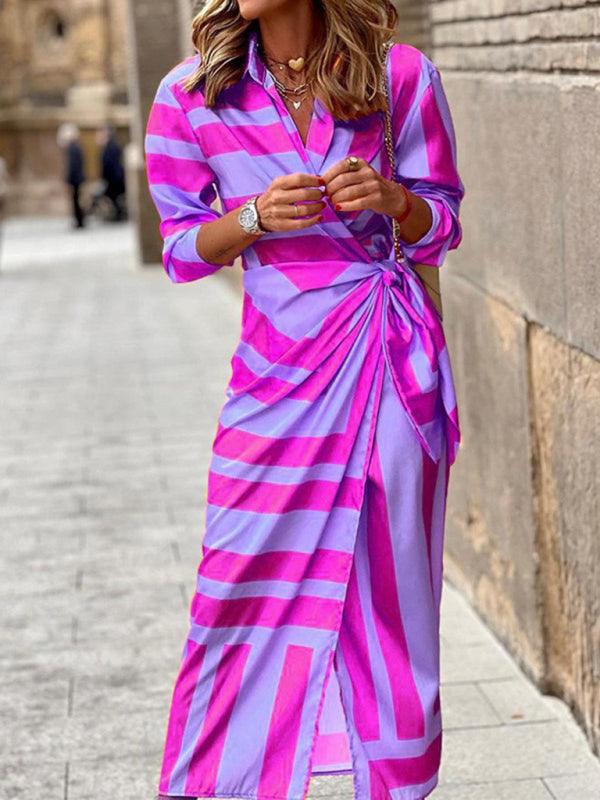 Midi Jurk met V-hals en Gestreept Patroon - Maxi Dresses - Jurkjes.co