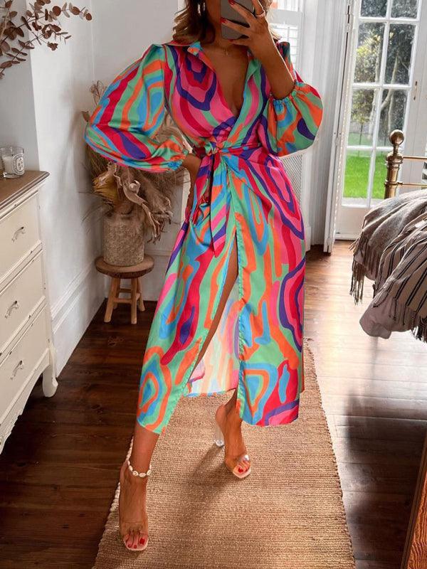 Midi Jurk met V-hals en Gestreept Patroon - Maxi Dresses - Jurkjes.co