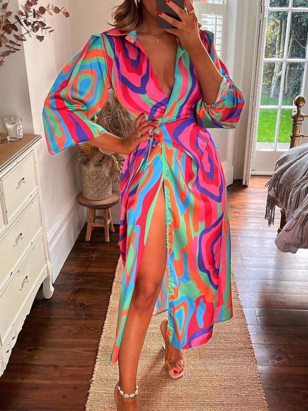 Midi Jurk met V-hals en Gestreept Patroon - Maxi Dresses - Jurkjes.co