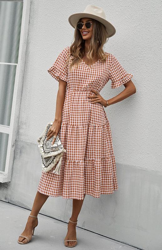 Midi Jurk met V-hals en Gingham Ruit - Midi Dresses - Jurkjes.co
