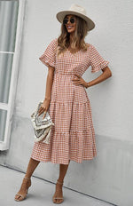 Midi Jurk met V-hals en Gingham Ruit - Midi Dresses - Jurkjes.co