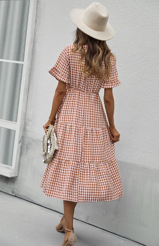 Midi Jurk met V-hals en Gingham Ruit - Midi Dresses - Jurkjes.co