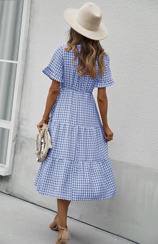 Midi Jurk met V-hals en Gingham Ruit - Midi Dresses - Jurkjes.co