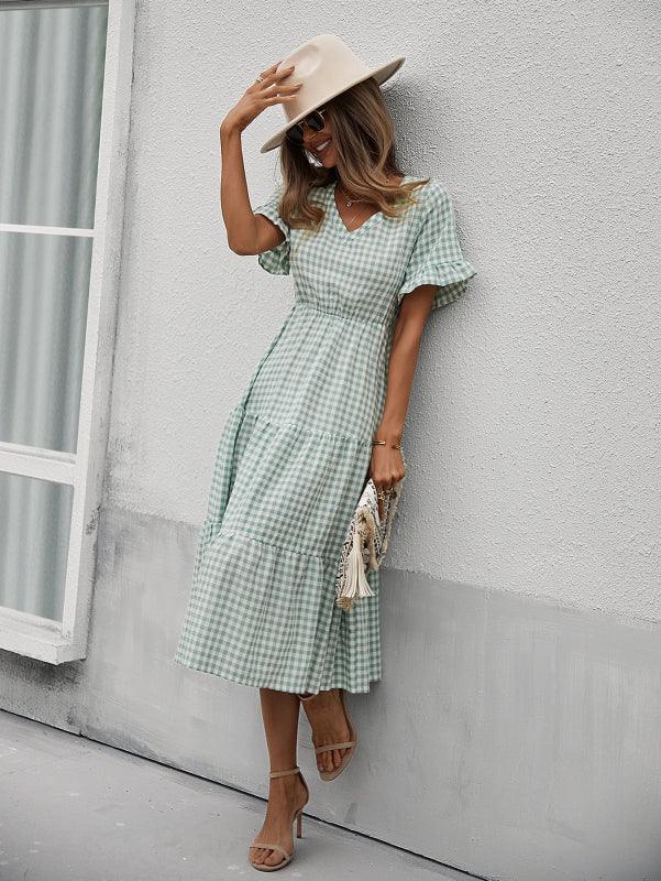 Midi Jurk met V-hals en Gingham Ruit - Midi Dresses - Jurkjes.co