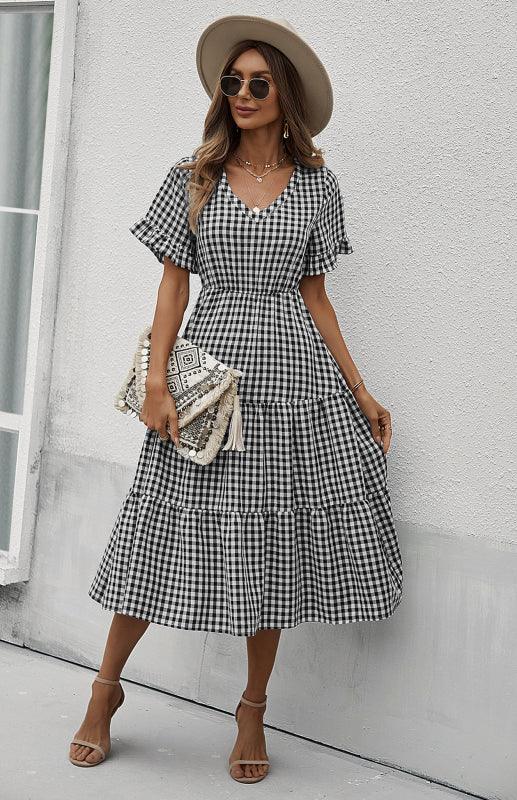 Midi Jurk met V-hals en Gingham Ruit - Midi Dresses - Jurkjes.co