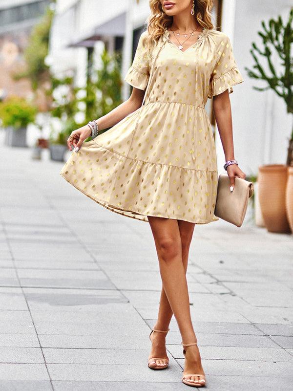 Midi Jurk met V-hals en Gouden Print - Mini Dresses - Jurkjes.co