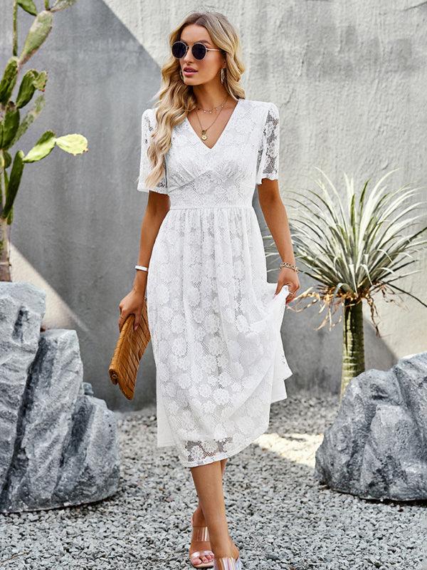 Midi Jurk met V-hals en Kantdesign - Midi Dresses - Jurkjes.co