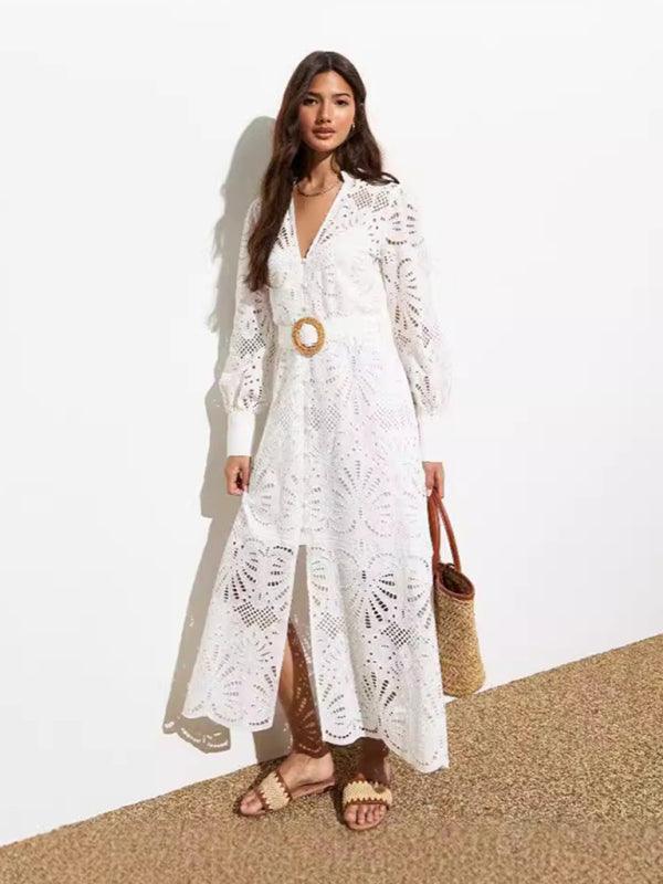 Midi Jurk met V-hals en Kantdetails - Maxi Dresses - Jurkjes.co