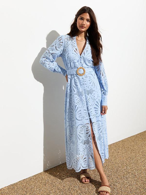 Midi Jurk met V-hals en Kantdetails - Maxi Dresses - Jurkjes.co
