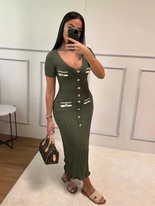 Midi Jurk met V-hals en Knoopdetails - Maxi Dresses - Jurkjes.co