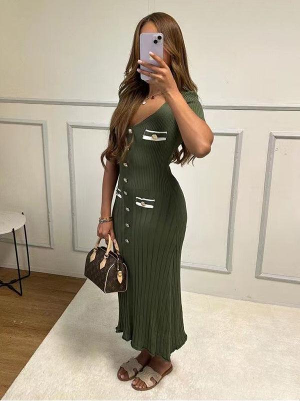 Midi Jurk met V-hals en Knoopdetails - Maxi Dresses - Jurkjes.co