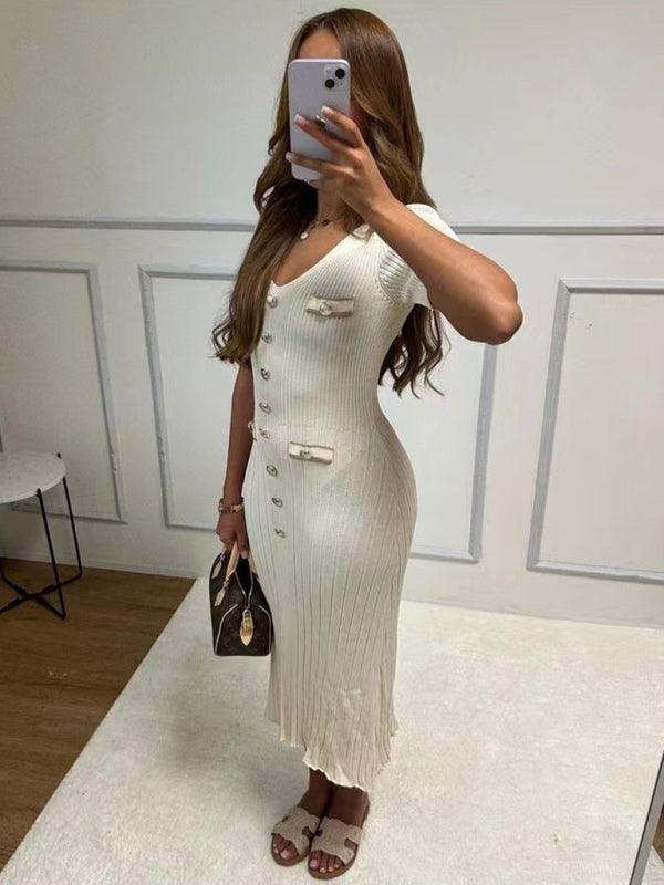 Midi Jurk met V-hals en Knoopdetails - Maxi Dresses - Jurkjes.co