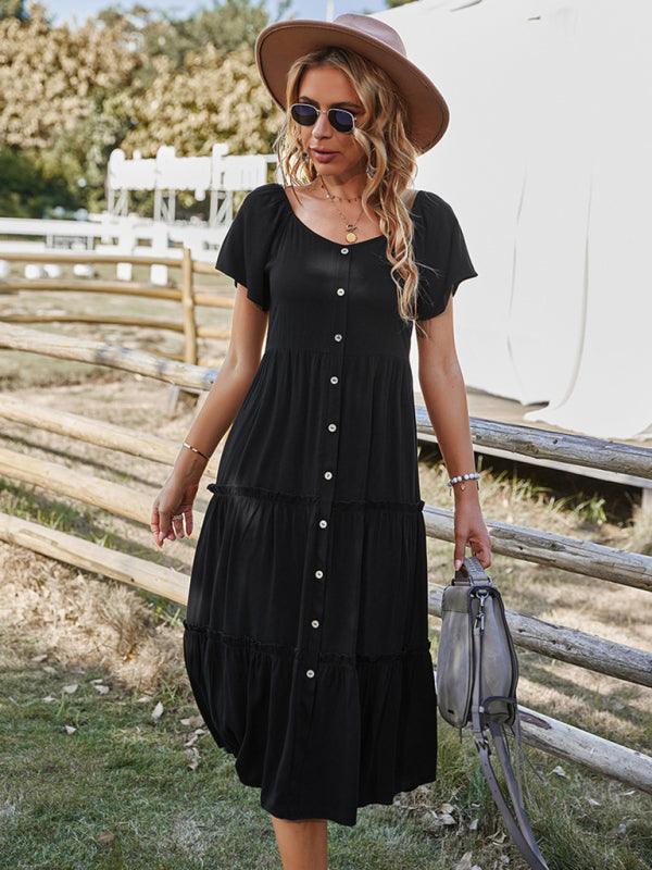 Midi Jurk met V-hals en Knoopsluiting - Maxi Dresses - Jurkjes.co