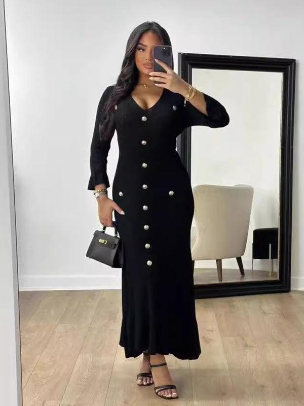 Midi Jurk met V-hals en Knoopsluiting - Maxi Dresses - Jurkjes.co