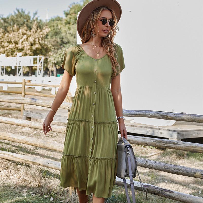 Midi Jurk met V-hals en Knoopsluiting - Maxi Dresses - Jurkjes.co