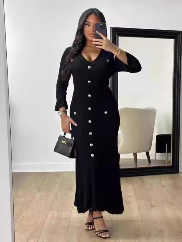 Midi Jurk met V-hals en Knoopsluiting - Maxi Dresses - Jurkjes.co