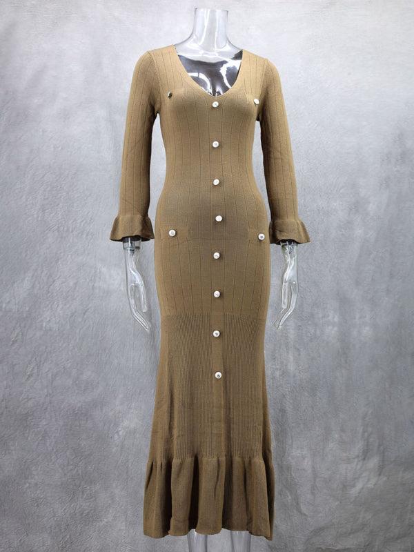 Midi Jurk met V-hals en Knoopsluiting - Maxi Dresses - Jurkjes.co