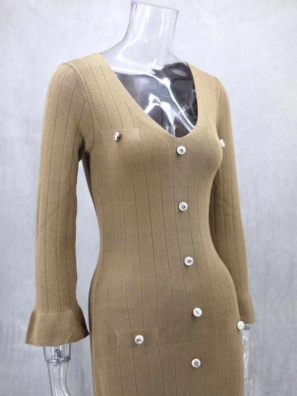 Midi Jurk met V-hals en Knoopsluiting - Maxi Dresses - Jurkjes.co