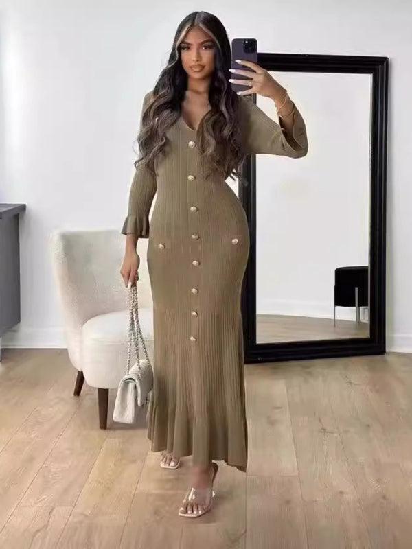 Midi Jurk met V-hals en Knoopsluiting - Maxi Dresses - Jurkjes.co