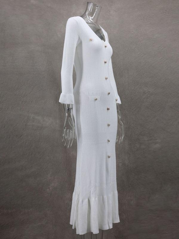 Midi Jurk met V-hals en Knoopsluiting - Maxi Dresses - Jurkjes.co