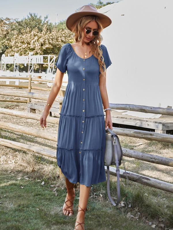 Midi Jurk met V-hals en Knoopsluiting - Maxi Dresses - Jurkjes.co