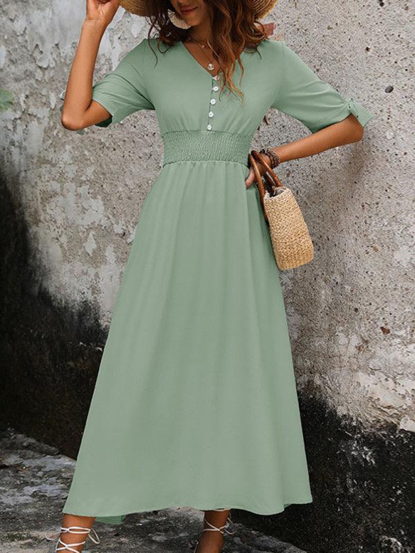 Midi Jurk met V-hals en Knopenrij - Midi Dresses - Jurkjes.co