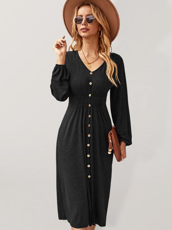 Midi Jurk met V-hals en Knopsluiting - Midi Dresses - Jurkjes.co