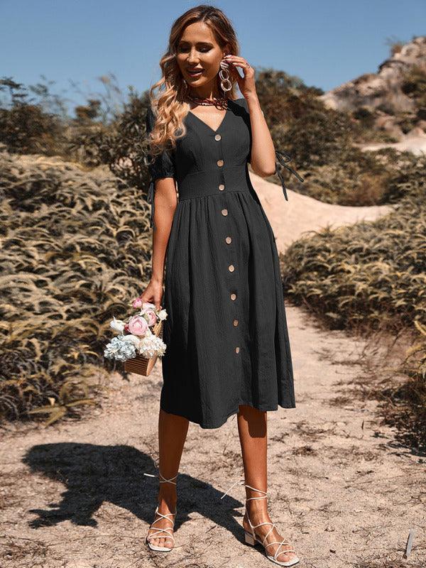 Midi Jurk met V-hals en Knopsluiting - Midi Dresses - Jurkjes.co