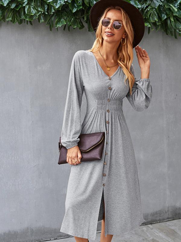 Midi Jurk met V-hals en Knopsluiting - Midi Dresses - Jurkjes.co