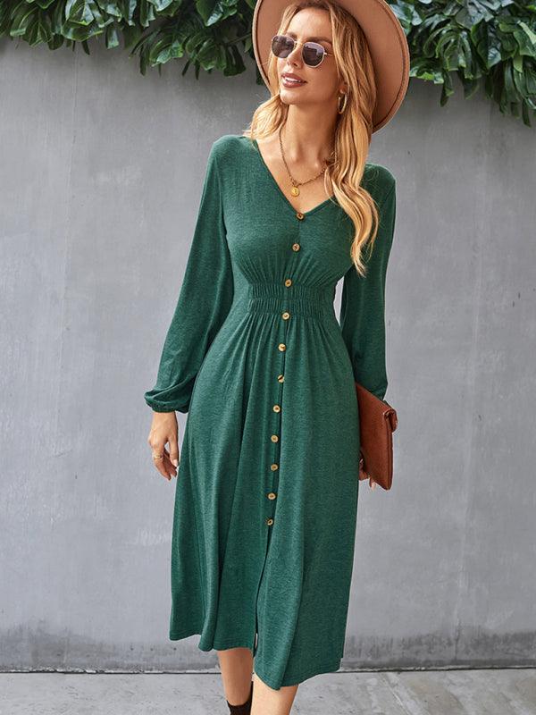 Midi Jurk met V-hals en Knopsluiting - Midi Dresses - Jurkjes.co