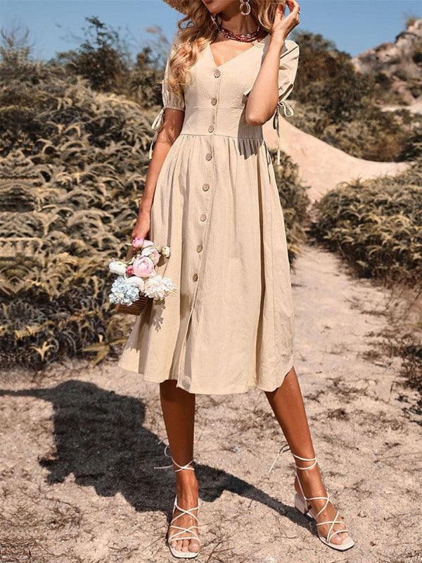 Midi Jurk met V-hals en Knopsluiting - Midi Dresses - Jurkjes.co