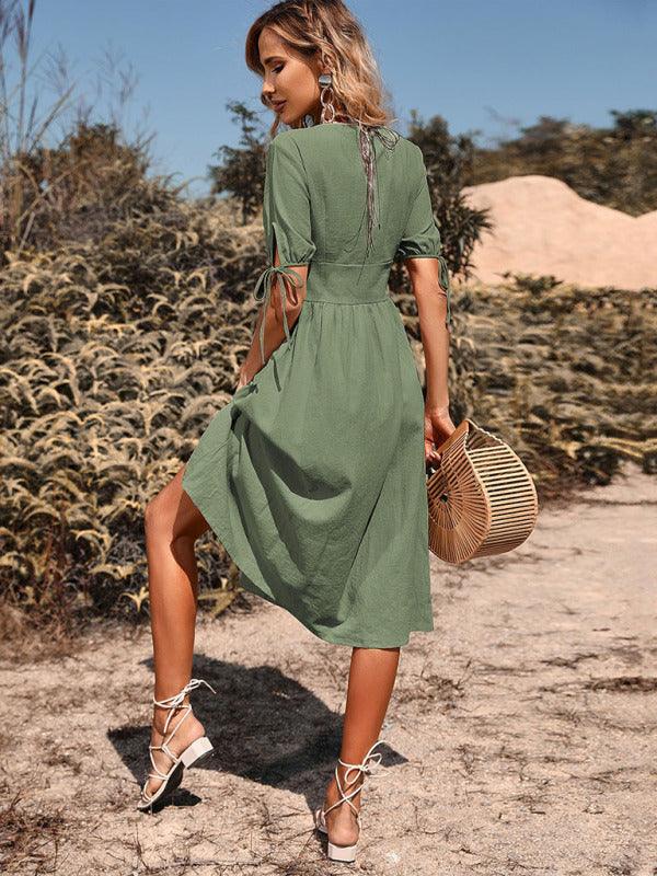 Midi Jurk met V-hals en Knopsluiting - Midi Dresses - Jurkjes.co