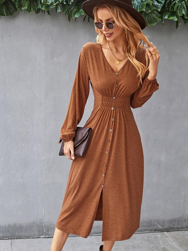 Midi Jurk met V-hals en Knopsluiting - Midi Dresses - Jurkjes.co