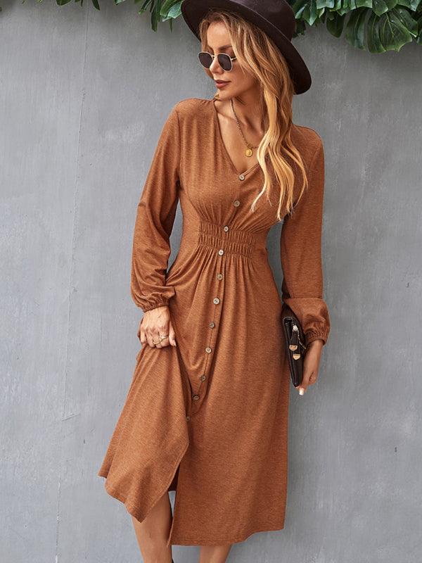 Midi Jurk met V-hals en Knopsluiting - Midi Dresses - Jurkjes.co