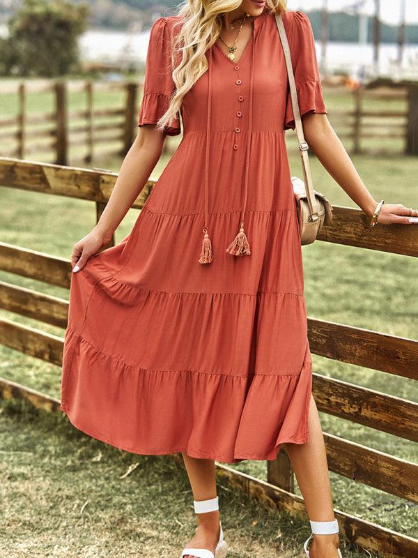 Midi Jurk met V-hals en Kwastjes - Midi Dresses - Jurkjes.co