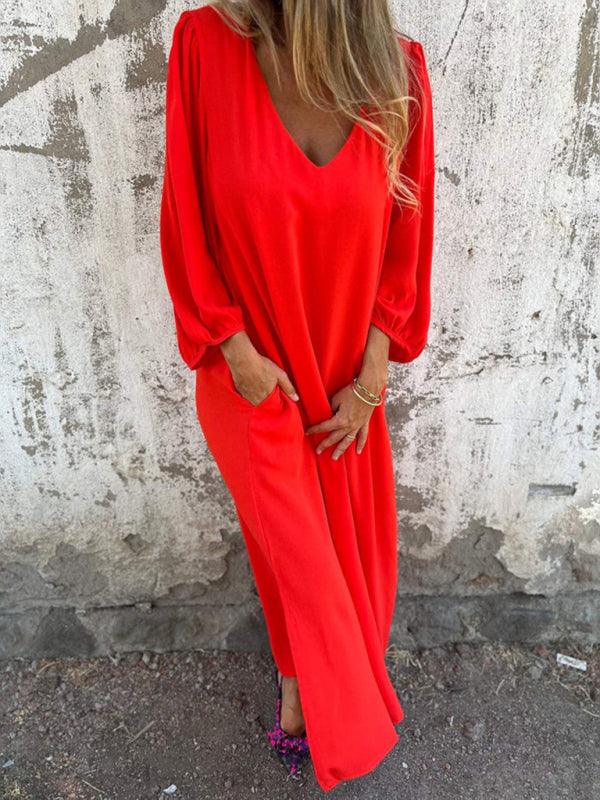 Midi Jurk met V-hals en Luchtige Mouwen - Maxi Dresses - Jurkjes.co